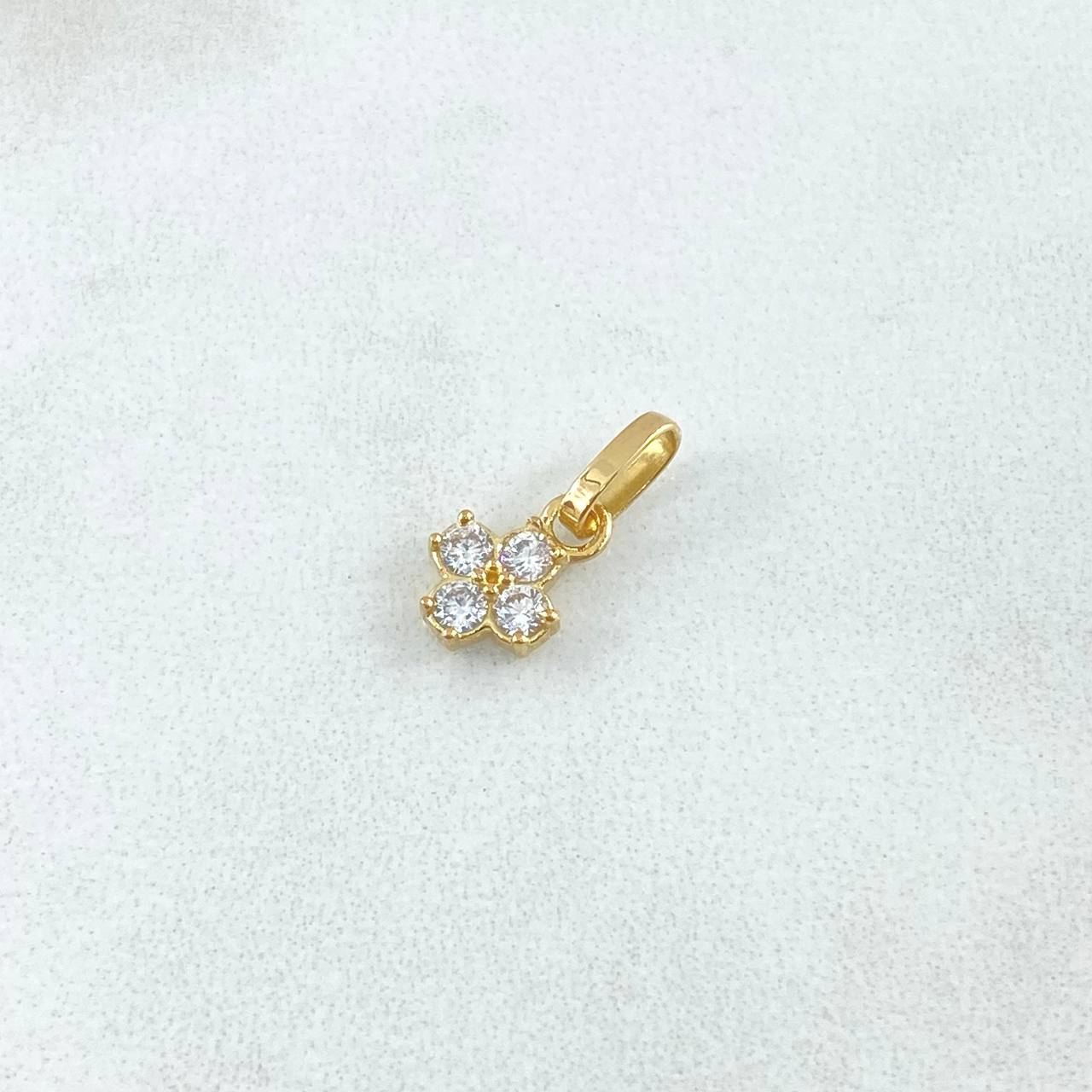 Dije Flor Cuatro Petalos 0.6gr / 1.5cm / Circones Blancos Oro Amarillo 18K ©
