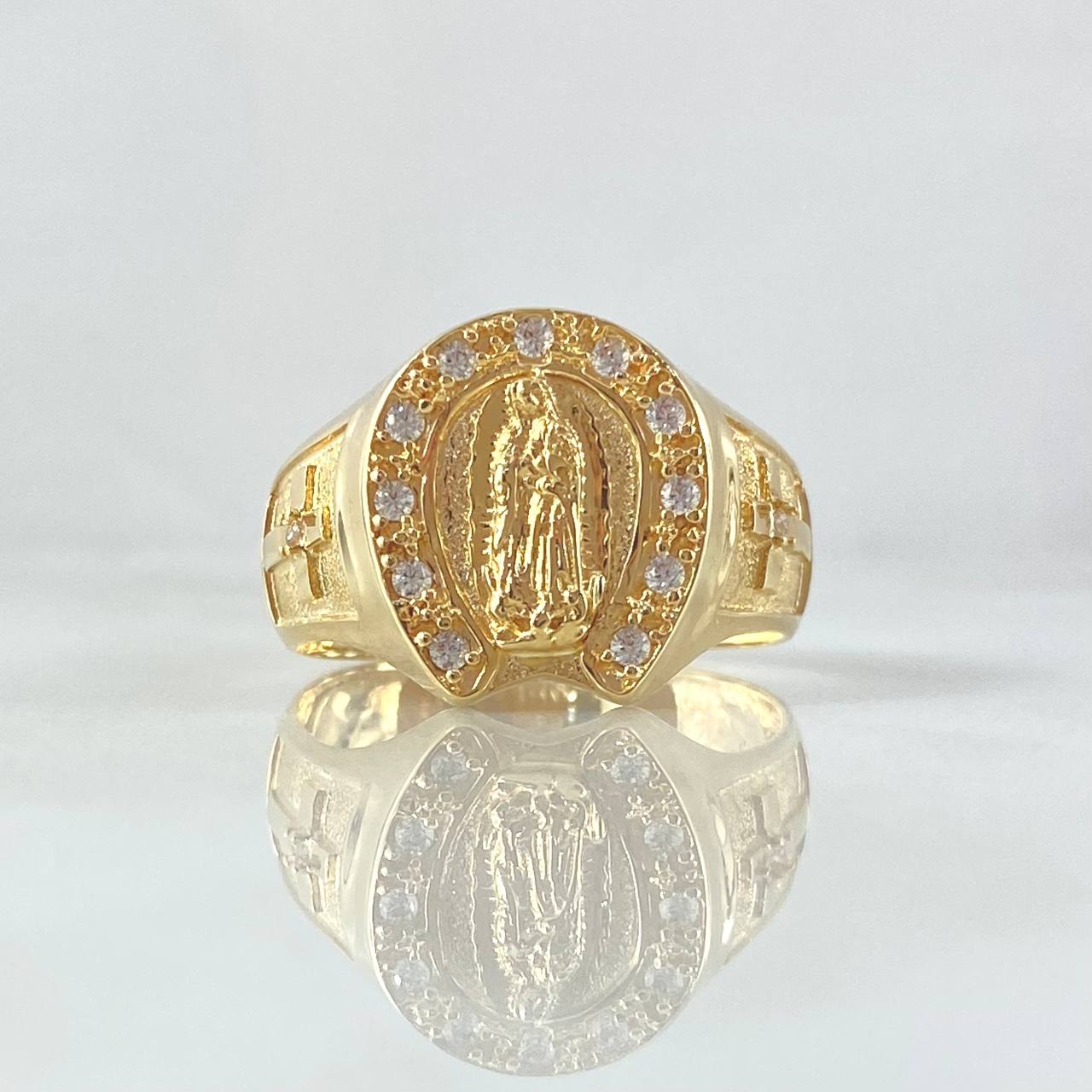 Anillo Virgen Guadalupe 7.15gr / T10 / Circones Blancos Oro Amarillo 18K