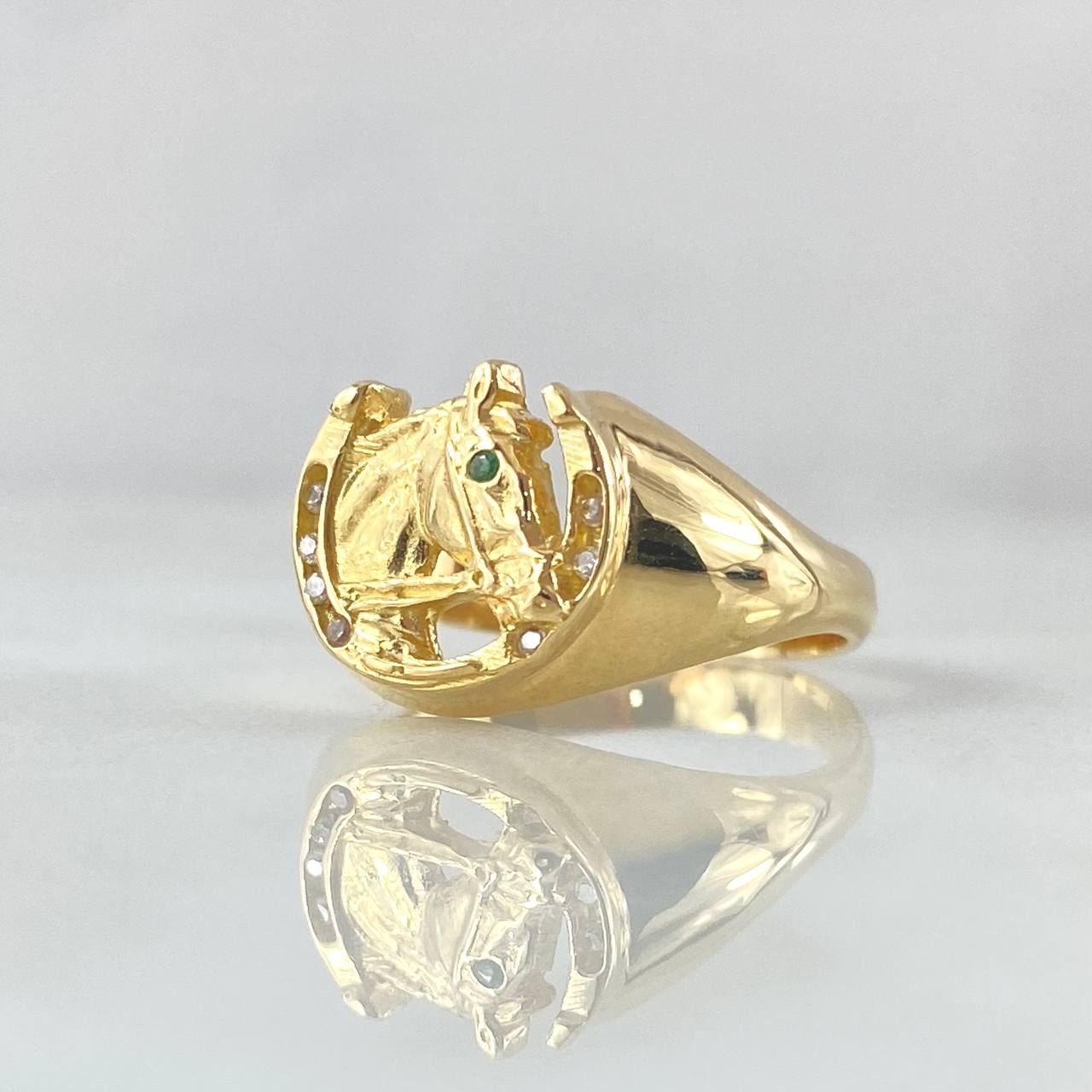 Horseshoe Ring Horse 4.65gr / Size 6 / White Zircons Green 18K Yellow Gold