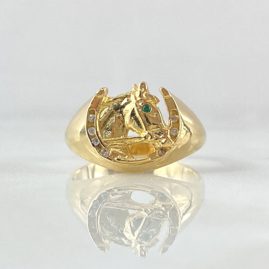 Horseshoe Ring Horse 4.65gr / Size 6 / White Zircons Green 18K Yellow Gold