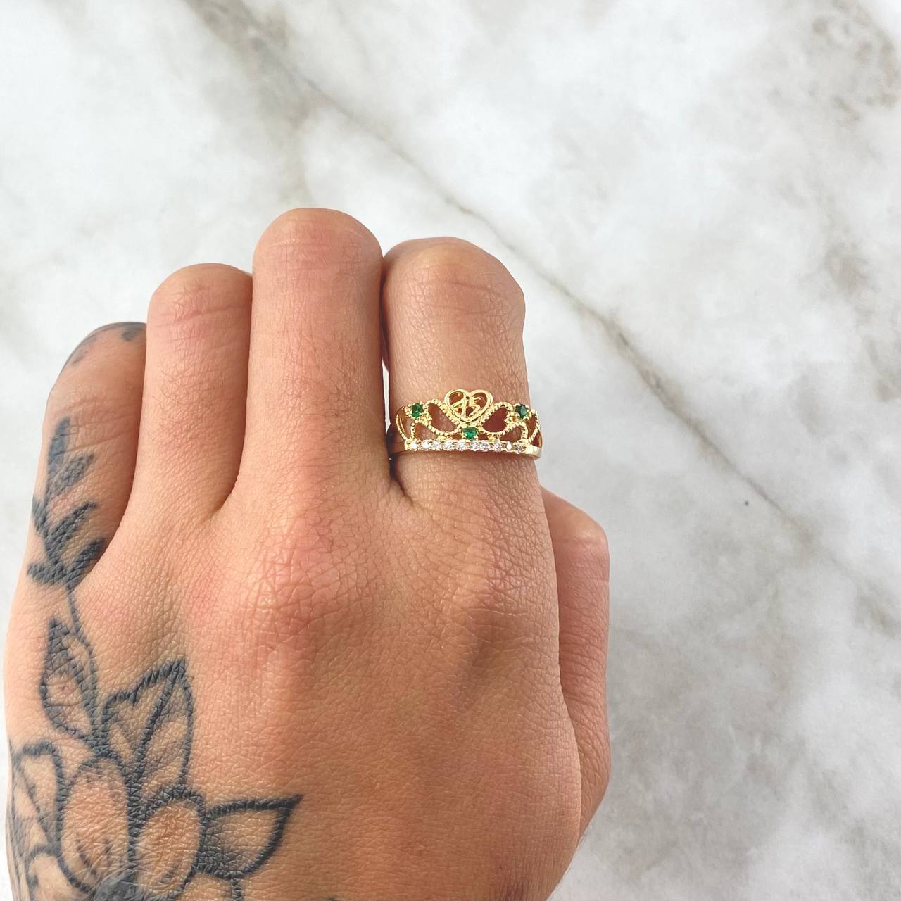 15s Ring Crown 1.85gr / T7 / White Zircons Green Yellow Gold 18K