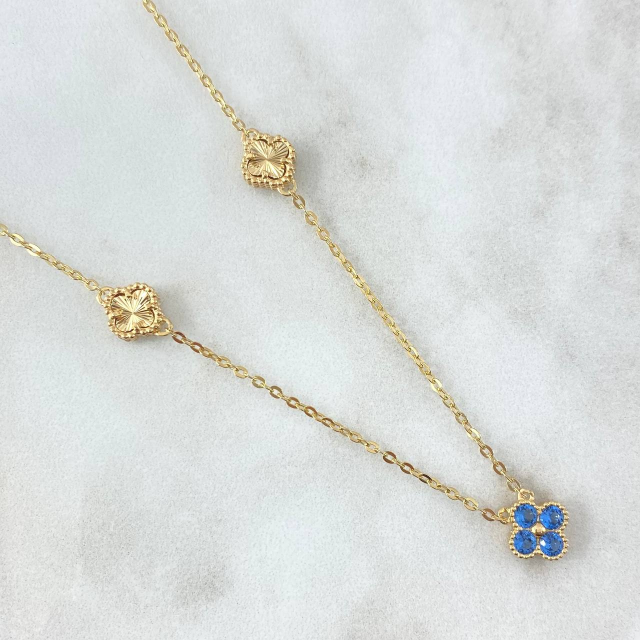 Classic Link Chain Clover Flower VCyA 6.85gr / 50cm / 7mm Diamond Cut - Light Blue Zircons 18K Yellow Gold ©