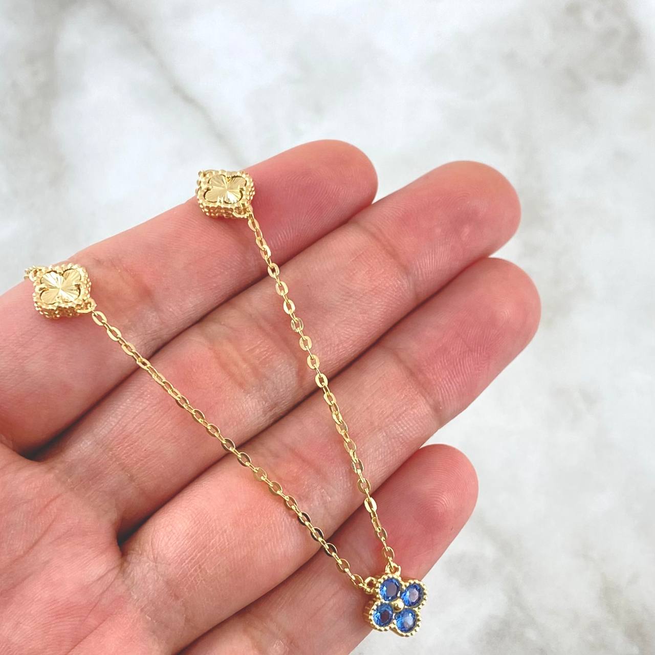 Classic Link Chain Clover Flower VCyA 6.85gr / 50cm / 7mm Diamond Cut - Light Blue Zircons 18K Yellow Gold ©