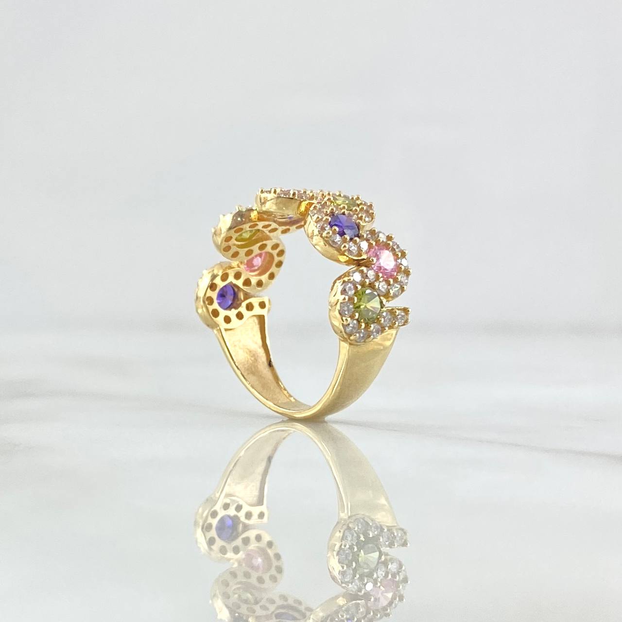Dense Wave Ring 4.55gr / Size 7 / Colored Zircons 18K Yellow Gold