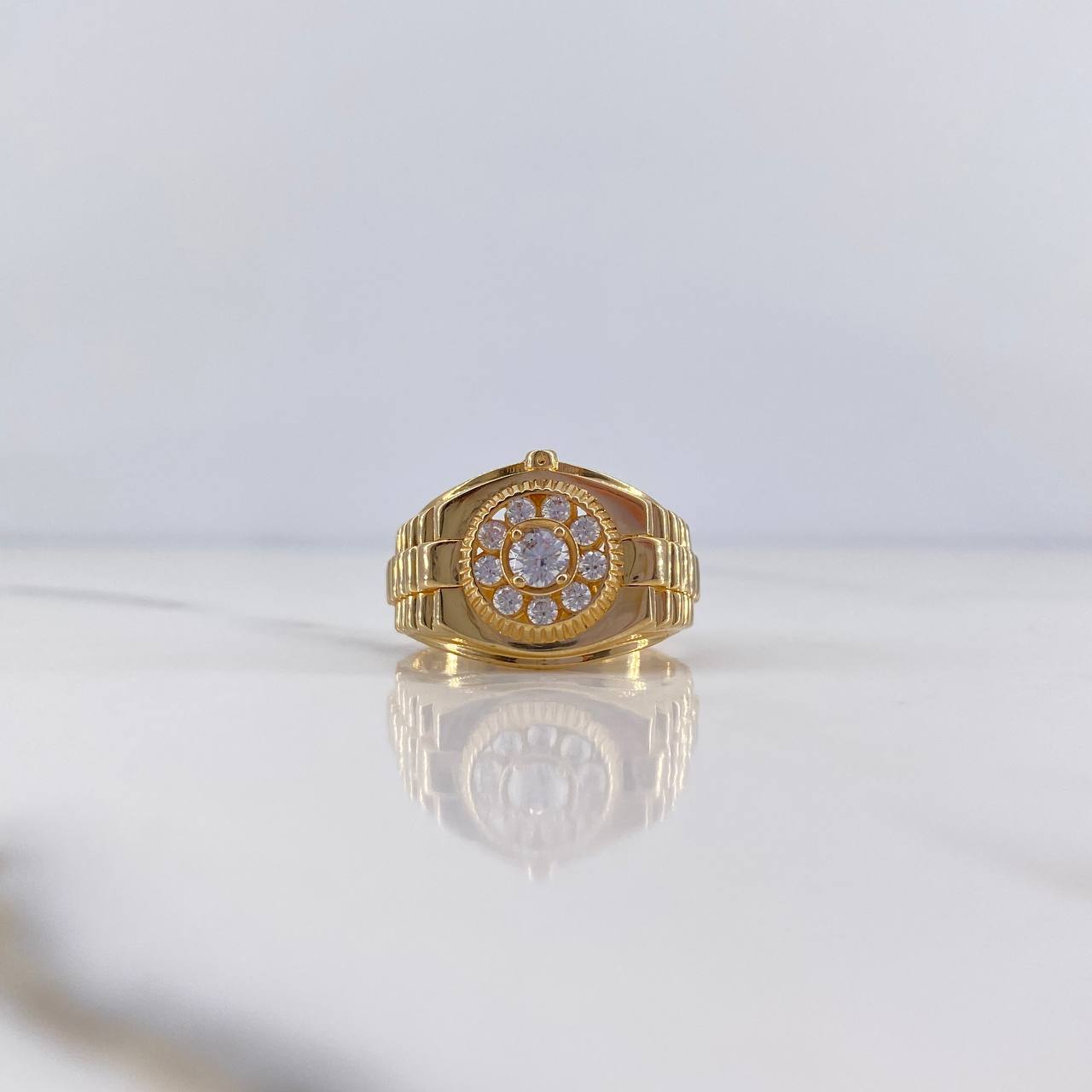 Chrono Tempo Ring 7.1gr / Size 9 1/2 / White Zircons 18K Yellow Gold $