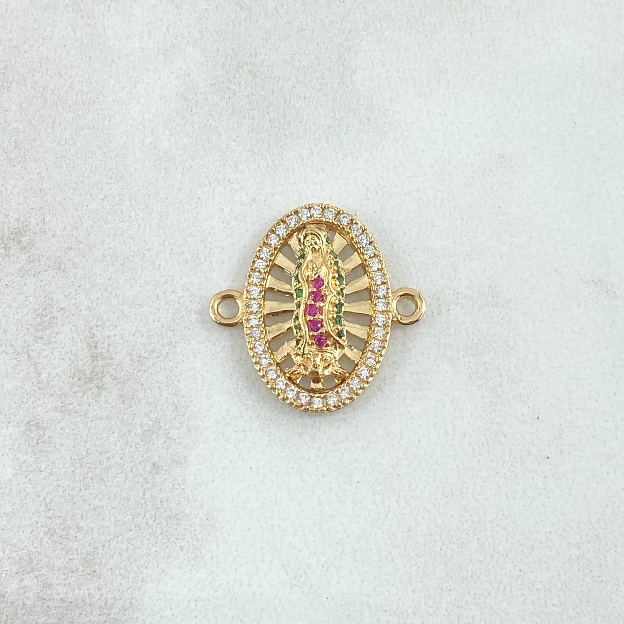 Charm Virgen De Guadalupe Oval 2.25gr / 1.8cm / White - Green - Fuchsia Zircons 18K Yellow Gold *