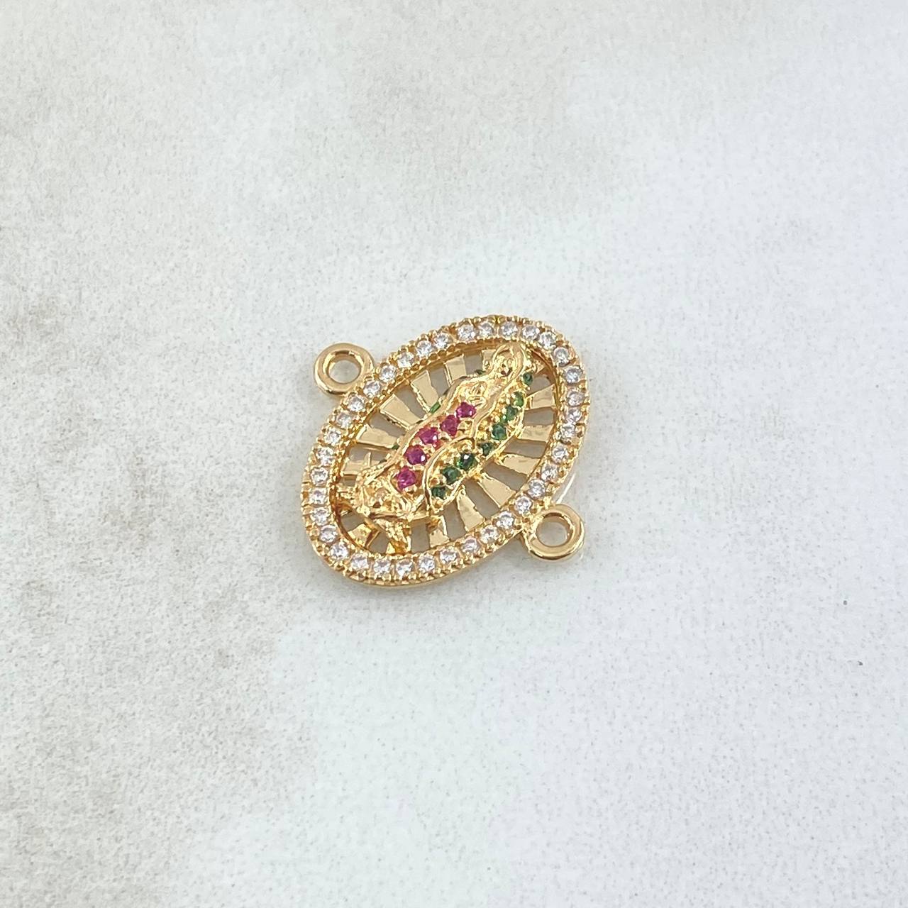 Charm Virgen De Guadalupe Oval 2.25gr / 1.8cm / White - Green - Fuchsia Zircons 18K Yellow Gold *