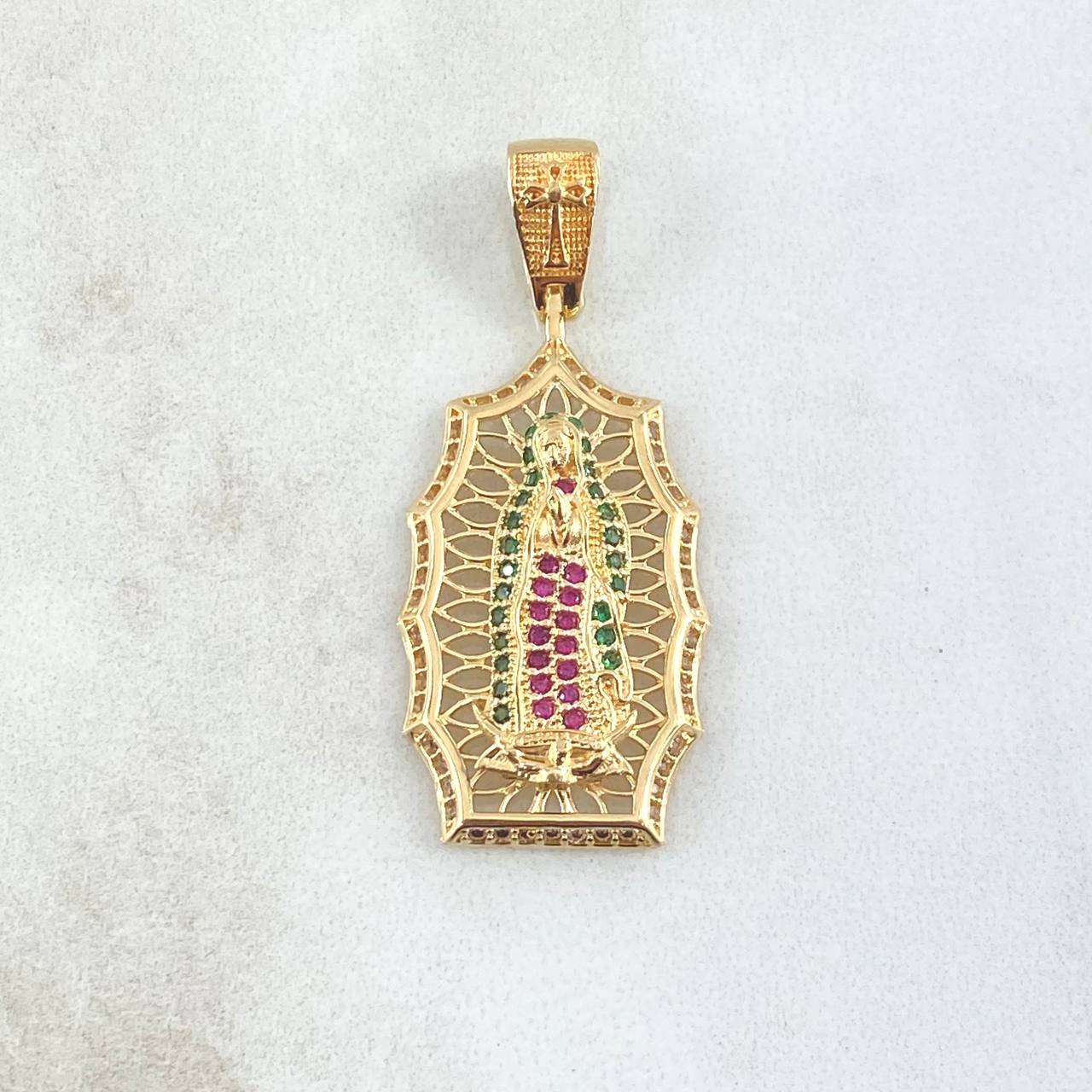 Pendant Virgin Guadalupe Filigree 4.7gr / 4.1cm / White Green Fuchsia Zircons 18K Yellow Gold ©