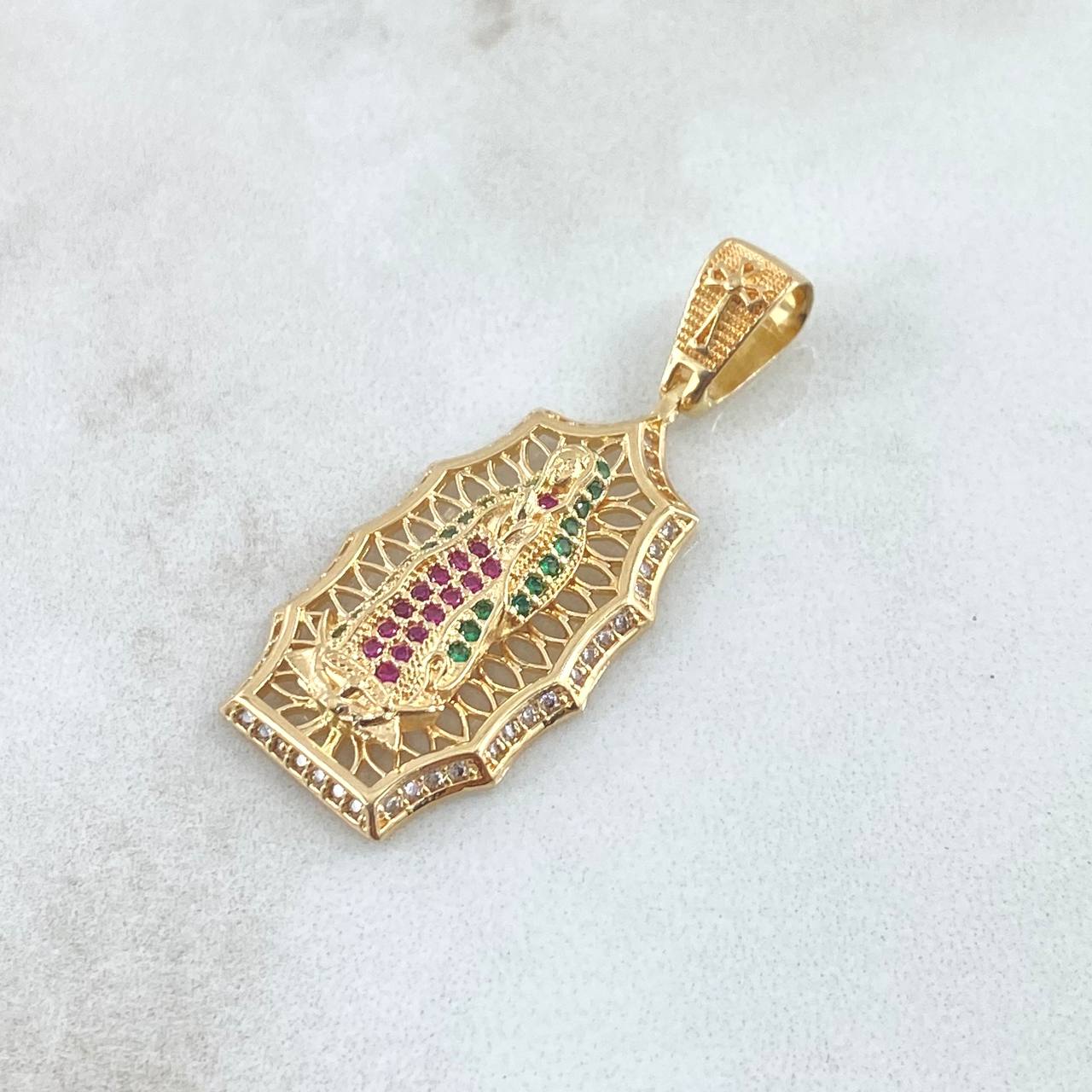 Pendant Virgin Guadalupe Filigree 4.7gr / 4.1cm / White Green Fuchsia Zircons 18K Yellow Gold ©