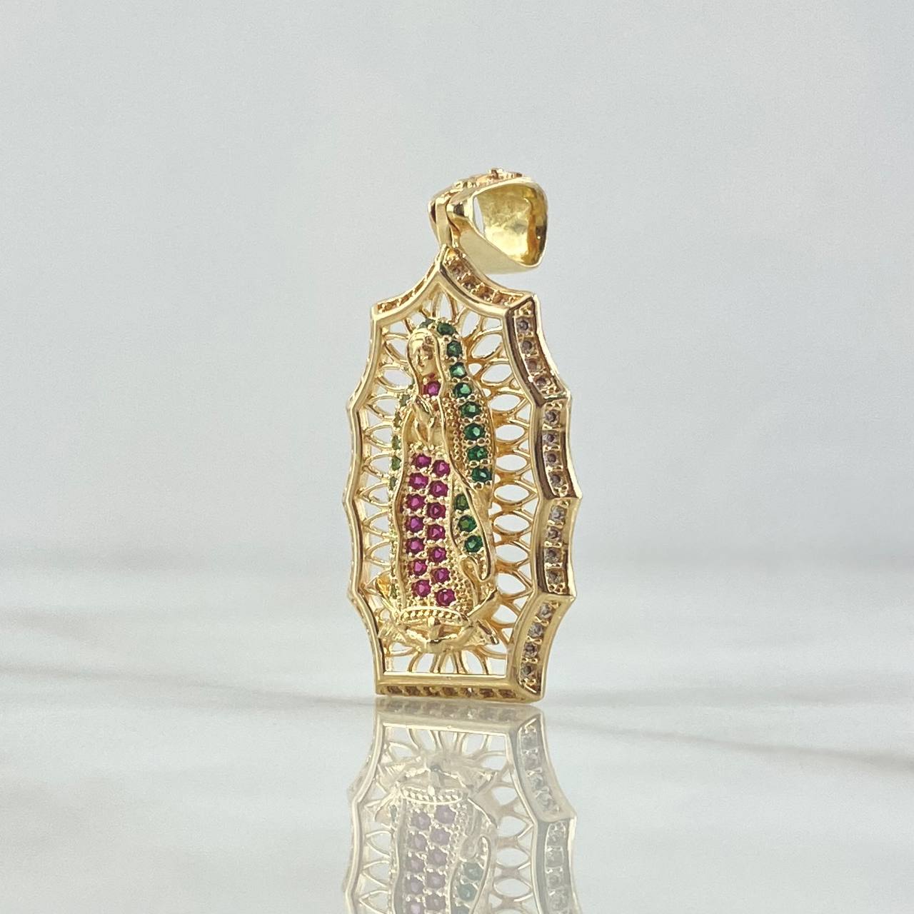 Pendant Virgin Guadalupe Filigree 4.7gr / 4.1cm / White Green Fuchsia Zircons 18K Yellow Gold ©