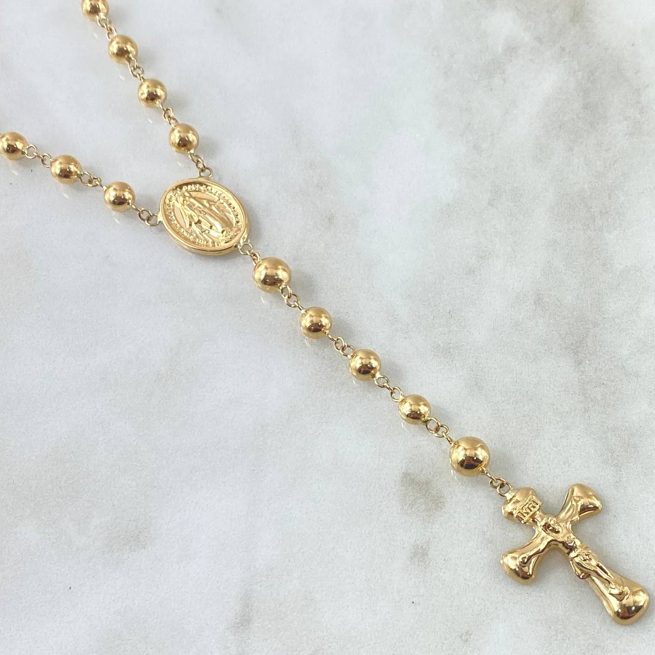 Rosario Virgen Milagrosa Cruz Cristo INRI 13.9 gr / 60cm / 6mm5mm Bolas Lisas Oro Amarillo 18K