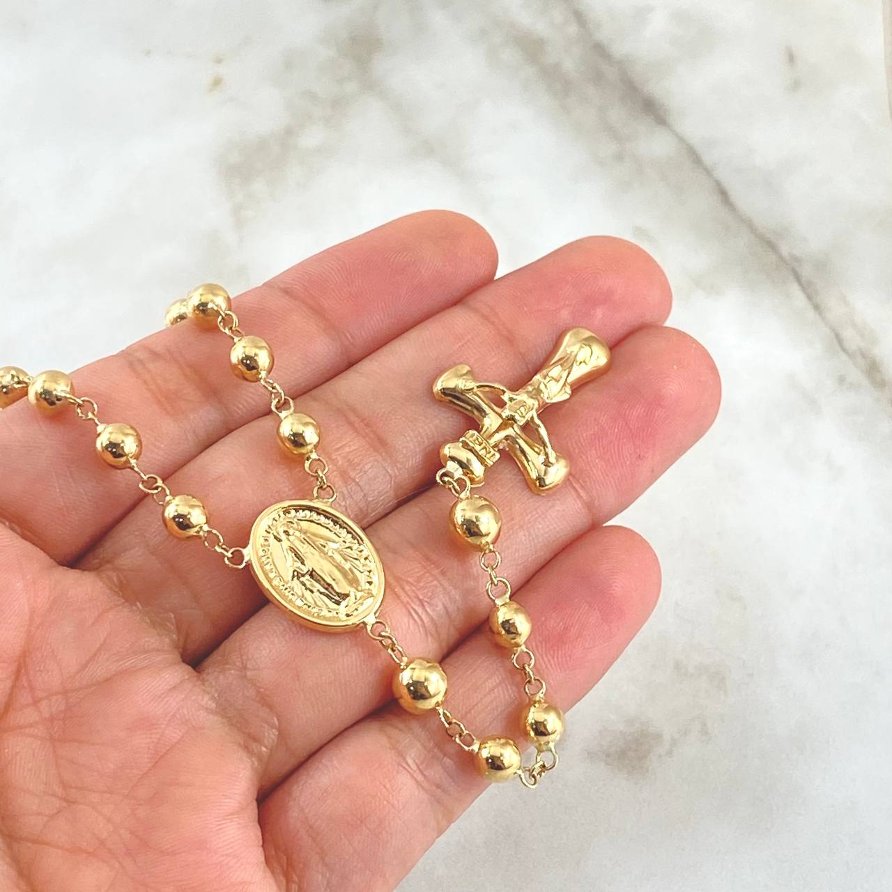 Rosario Virgen Milagrosa Cruz Cristo INRI 13.9 gr / 60cm / 6mm5mm Bolas Lisas Oro Amarillo 18K
