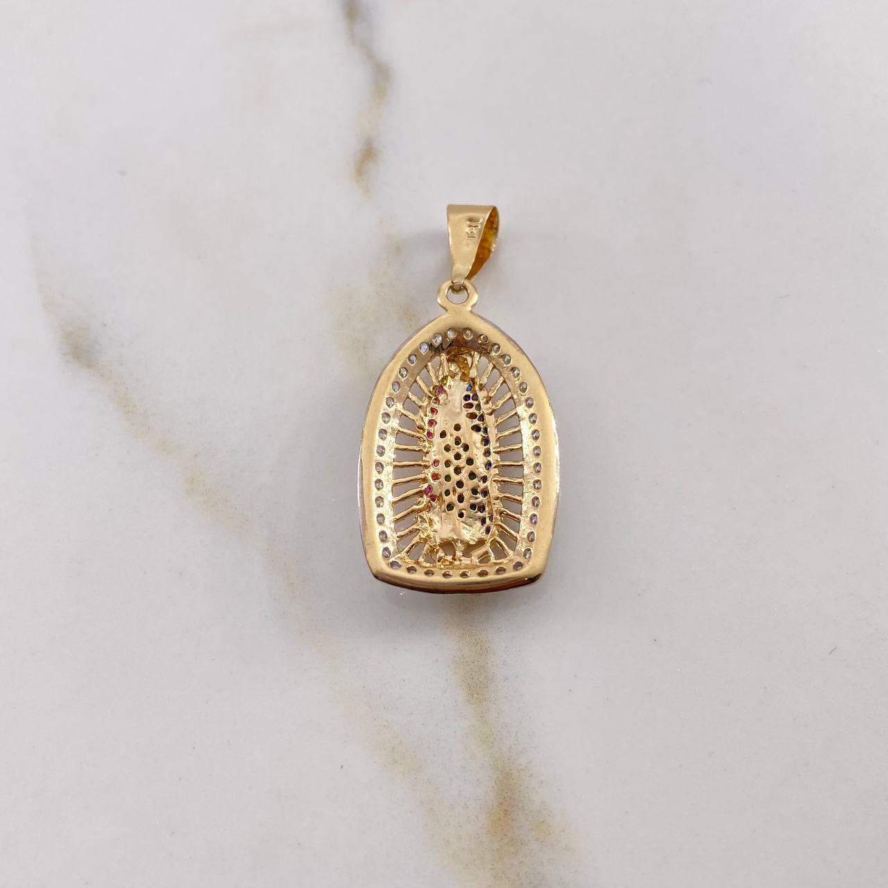 Pendant Virgin Guadalupe 4.1gr / 3.5cm / White Green Fuchsia Zircons Two 18K Yellow White Gold $