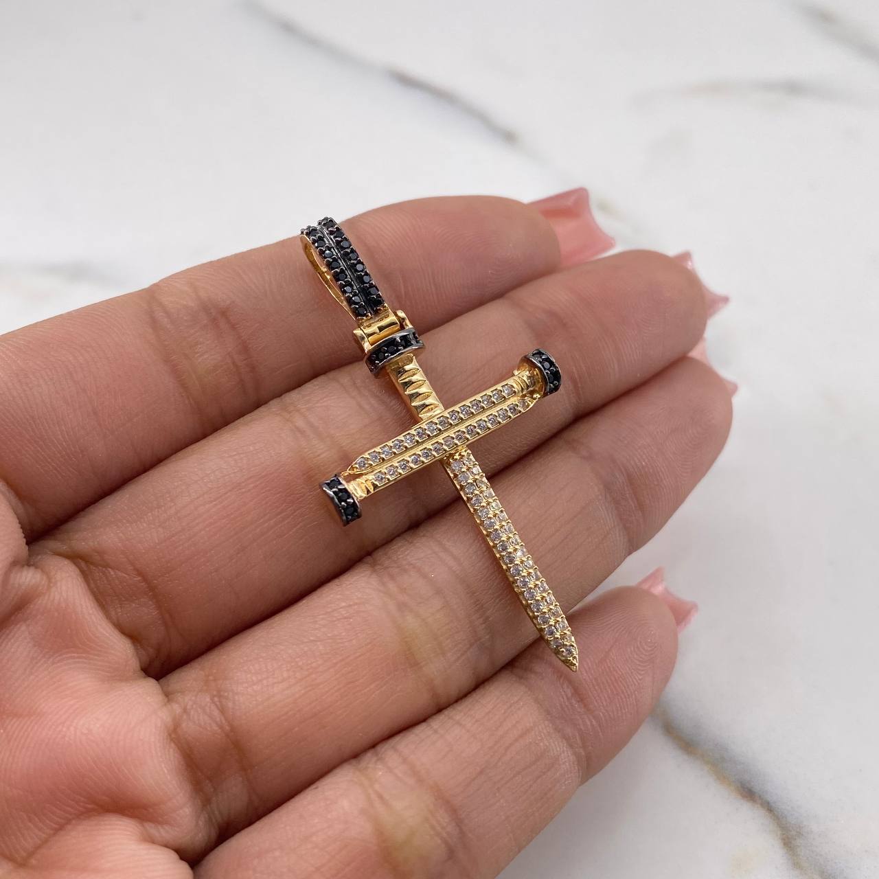 Pendant Nail Cross 3.95gr / 4.7cm / White and Black Zircons 18K Yellow Gold $
