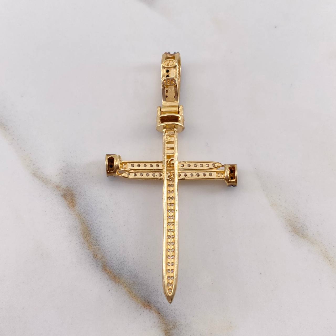 Pendant Nail Cross 3.95gr / 4.7cm / White and Black Zircons 18K Yellow Gold $