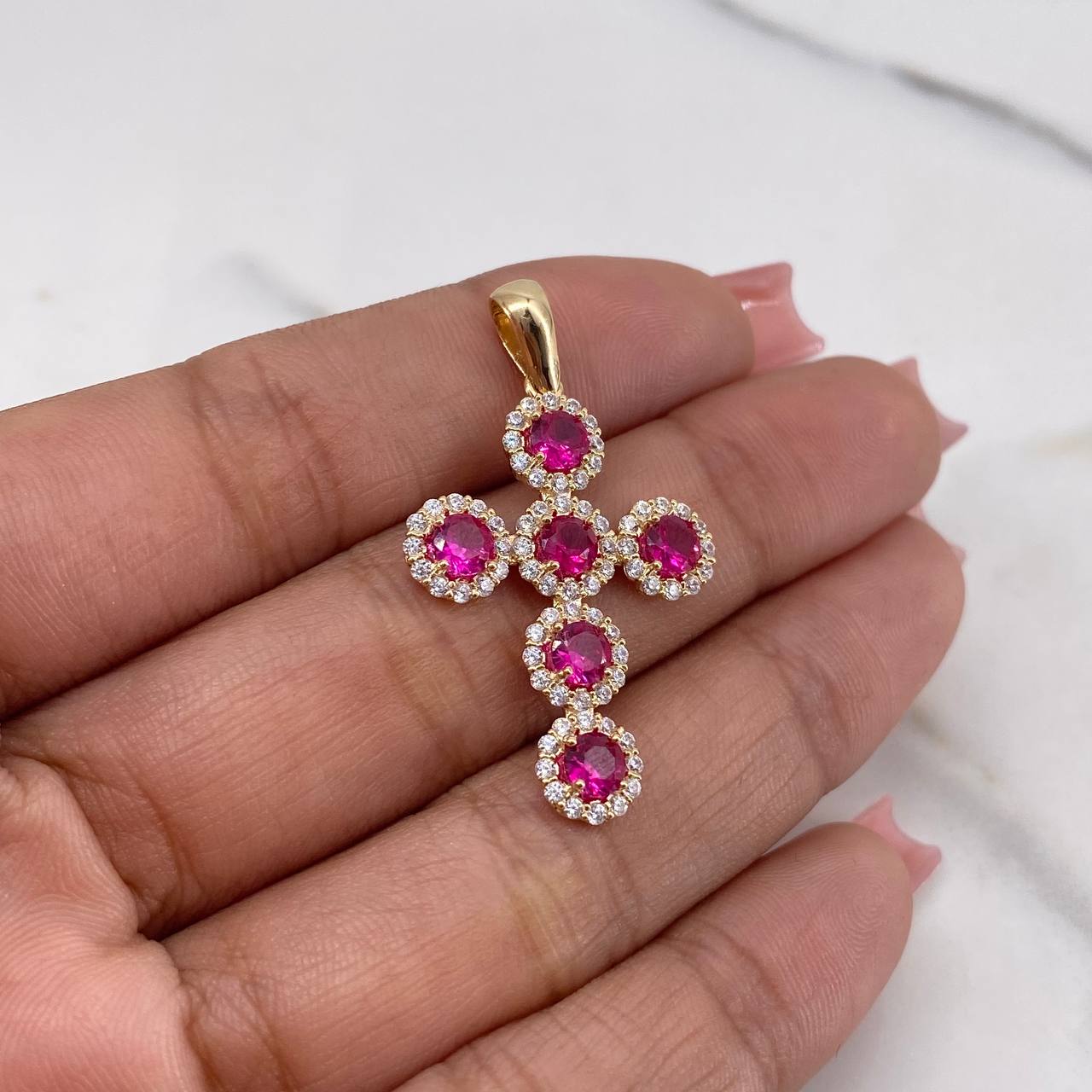 Pendant Cross Tupida 3.3gr / 3.6cm / White Fuchsia Zircons 18K Yellow Gold &