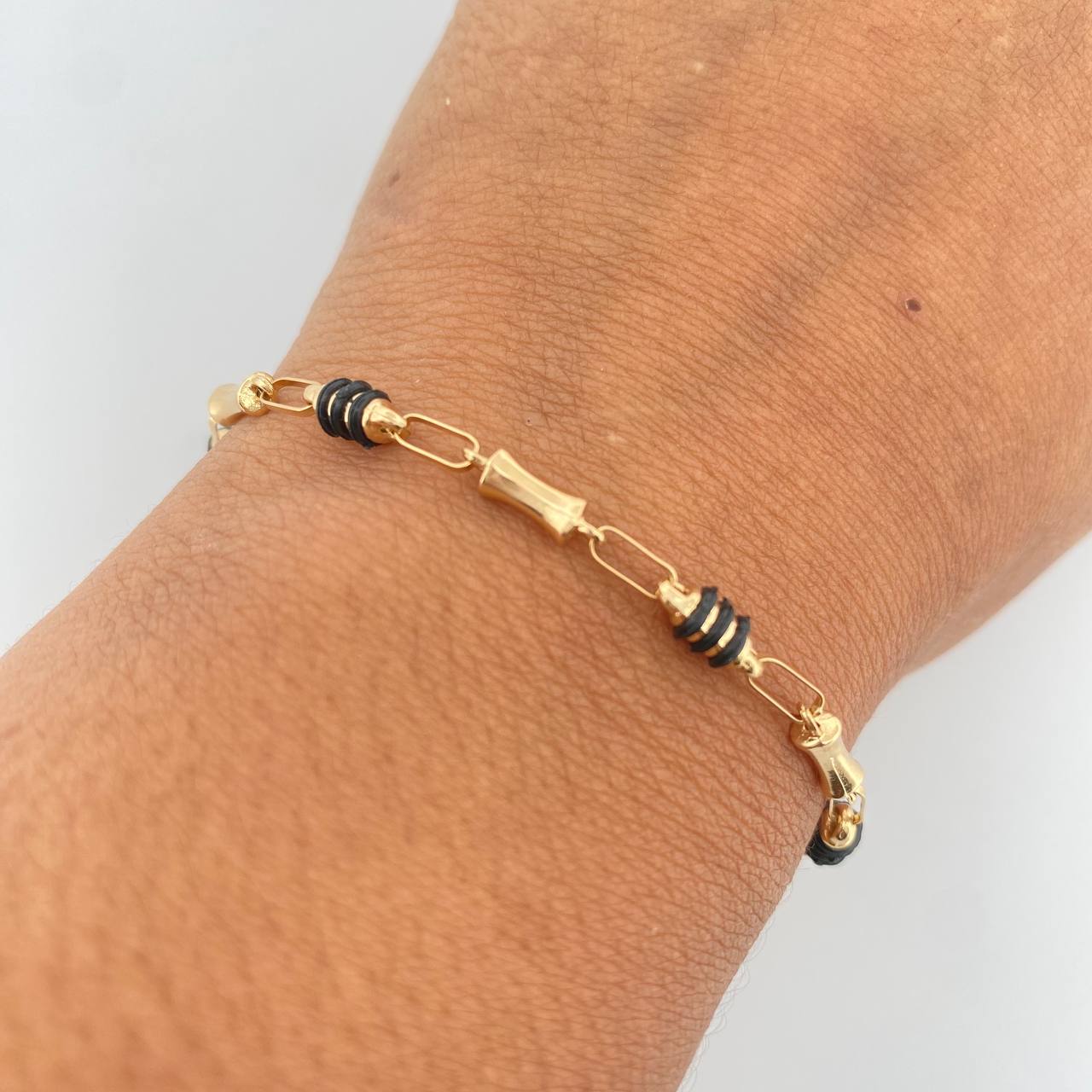 Bracelet Barrel 3.65gr / 20.5cm / 3.7mm Black Rubber Yellow Gold 18K &