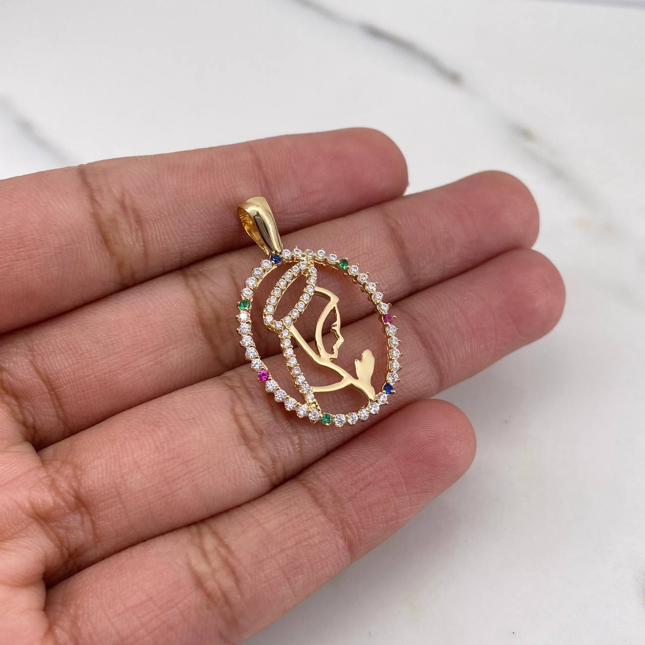 Pendant Virgin Mary 2.4gr / 3cm / Blue Green Fuchsia White Zircons 18K Yellow Gold $