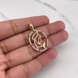 Pendant Virgin Mary 2.4gr / 3cm / Blue Green Fuchsia White Zircons 18K Yellow Gold $
