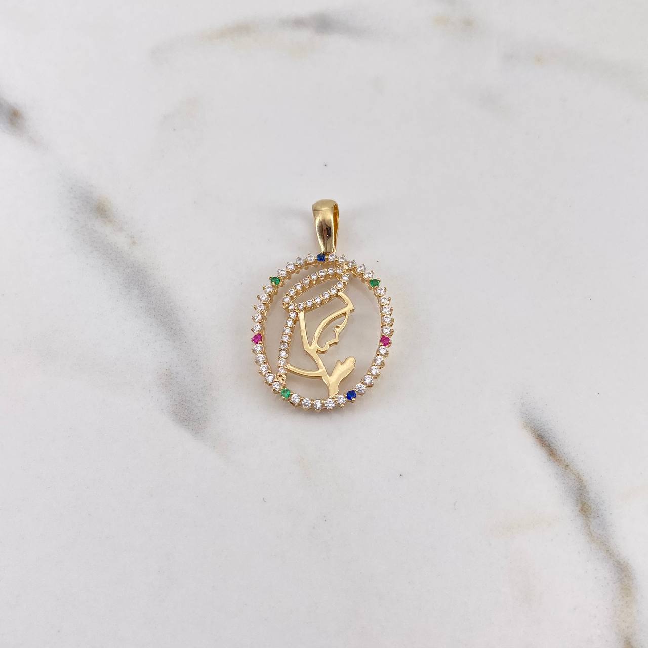 Pendant Virgin Mary 2.4gr / 3cm / Blue Green Fuchsia White Zircons 18K Yellow Gold $
