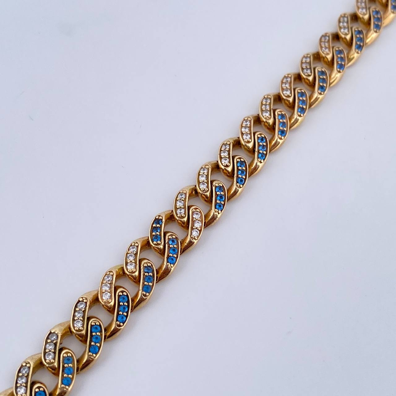 Cuban Links Bracelet 18.3gr / 19.9cm / 7.8mm Lobster Claw Box Blue White Zircons Yellow Gold 18K $