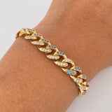 Cuban Links Bracelet 18.3gr / 19.9cm / 7.8mm Lobster Claw Box Blue White Zircons Yellow Gold 18K $