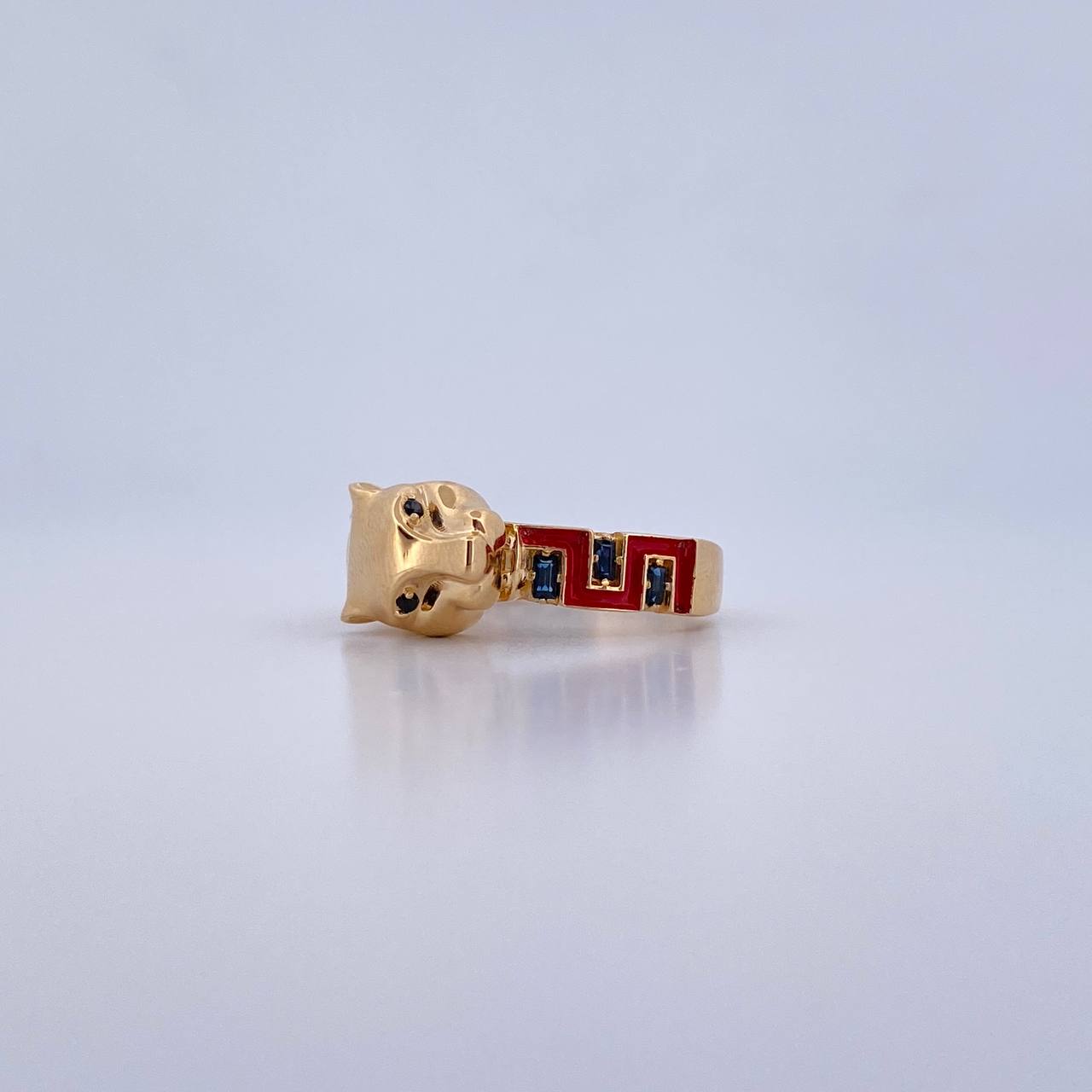 Tribal Panther Ring 3.65gr / Size 7 3/4 / Black Blue Zircons 18K Yellow Gold &