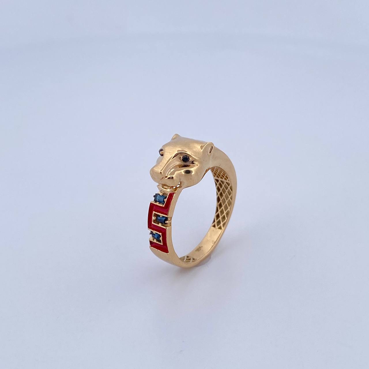 Tribal Panther Ring 3.65gr / Size 7 3/4 / Black Blue Zircons 18K Yellow Gold &