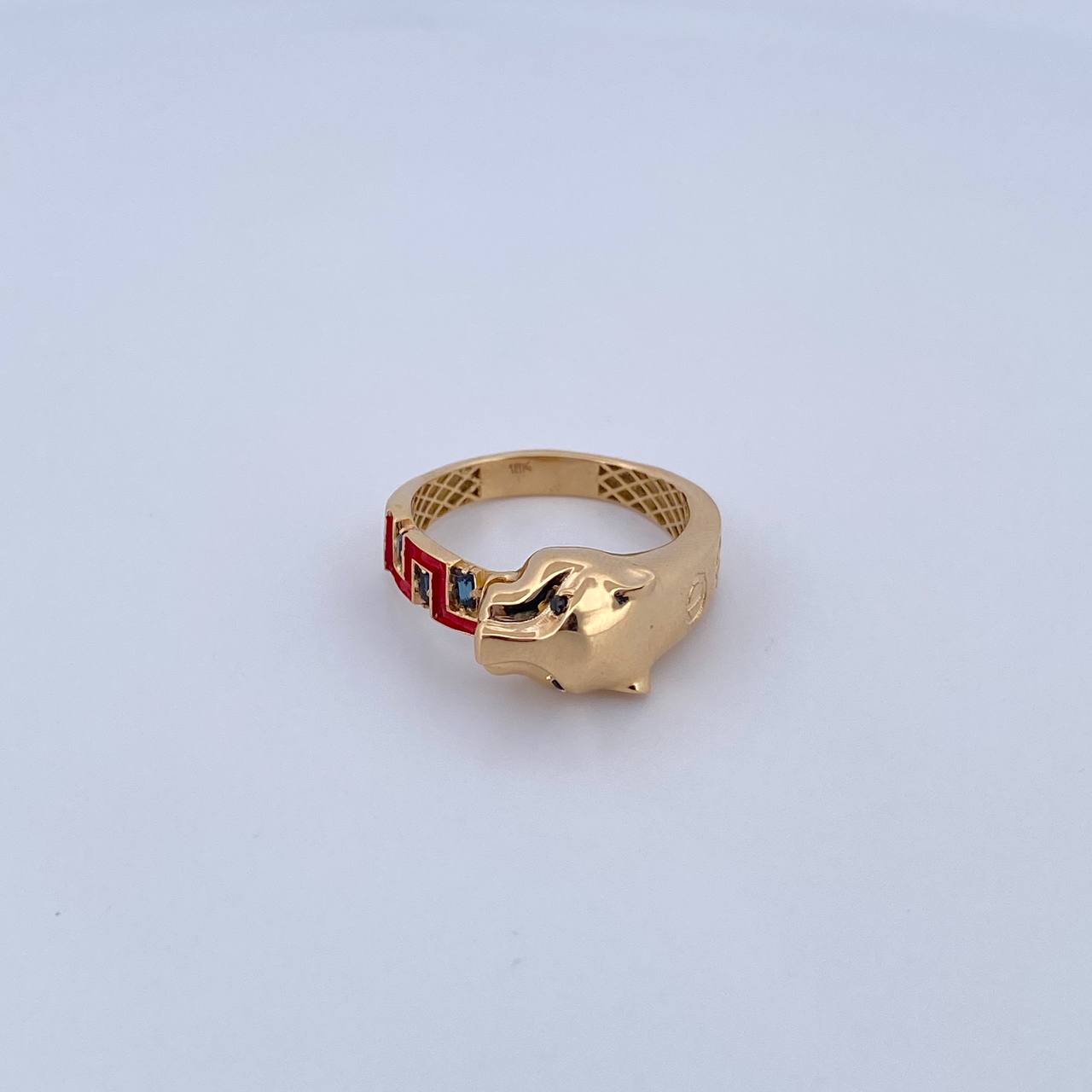 Tribal Panther Ring 3.65gr / Size 7 3/4 / Black Blue Zircons 18K Yellow Gold &