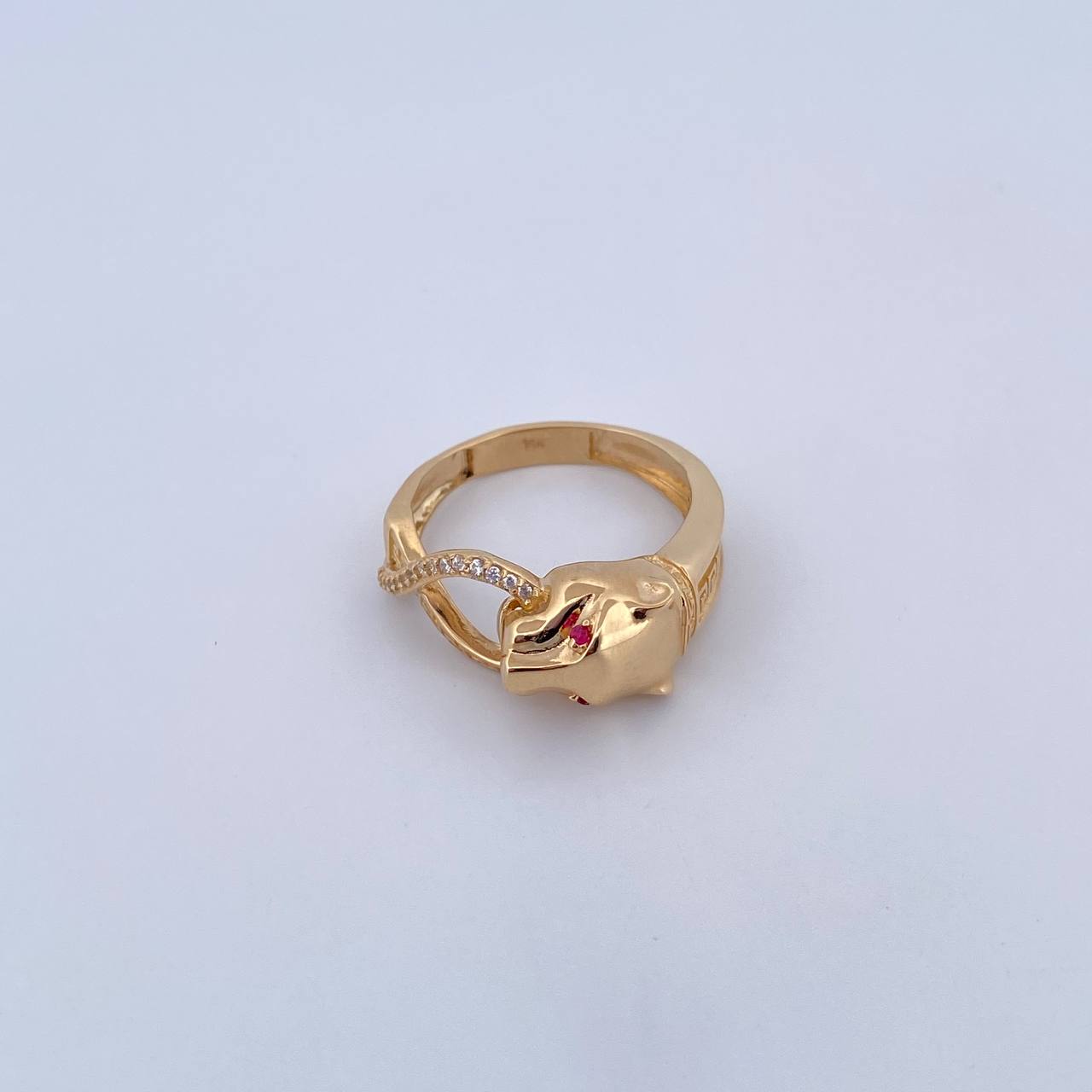 Panther Tribal Ring 4.25gr / Size 7 3/4 / Fuchsia and White Zircons 18K Yellow Gold &