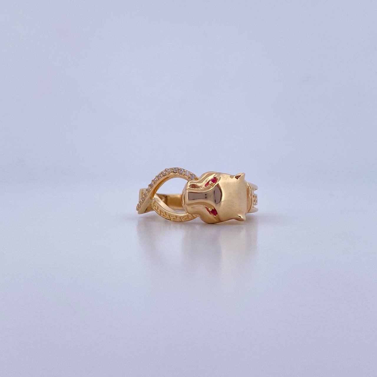 Panther Tribal Ring 4.25gr / Size 7 3/4 / Fuchsia and White Zircons 18K Yellow Gold &