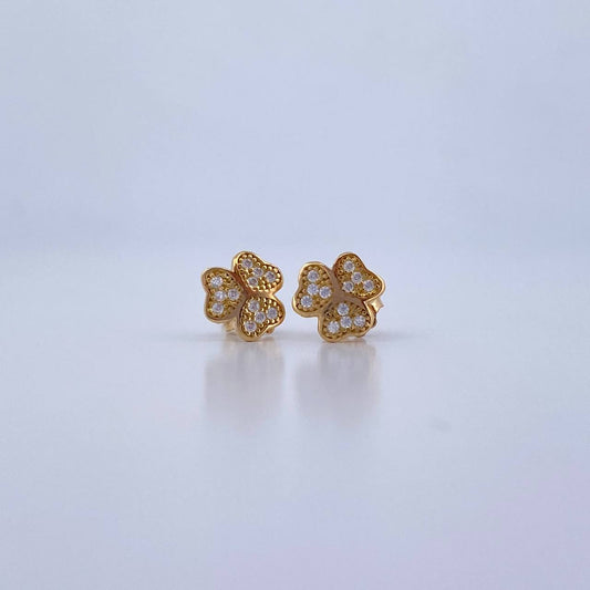 Stud Earrings Clover 1.2gr / White Zircons 18K Yellow Gold &