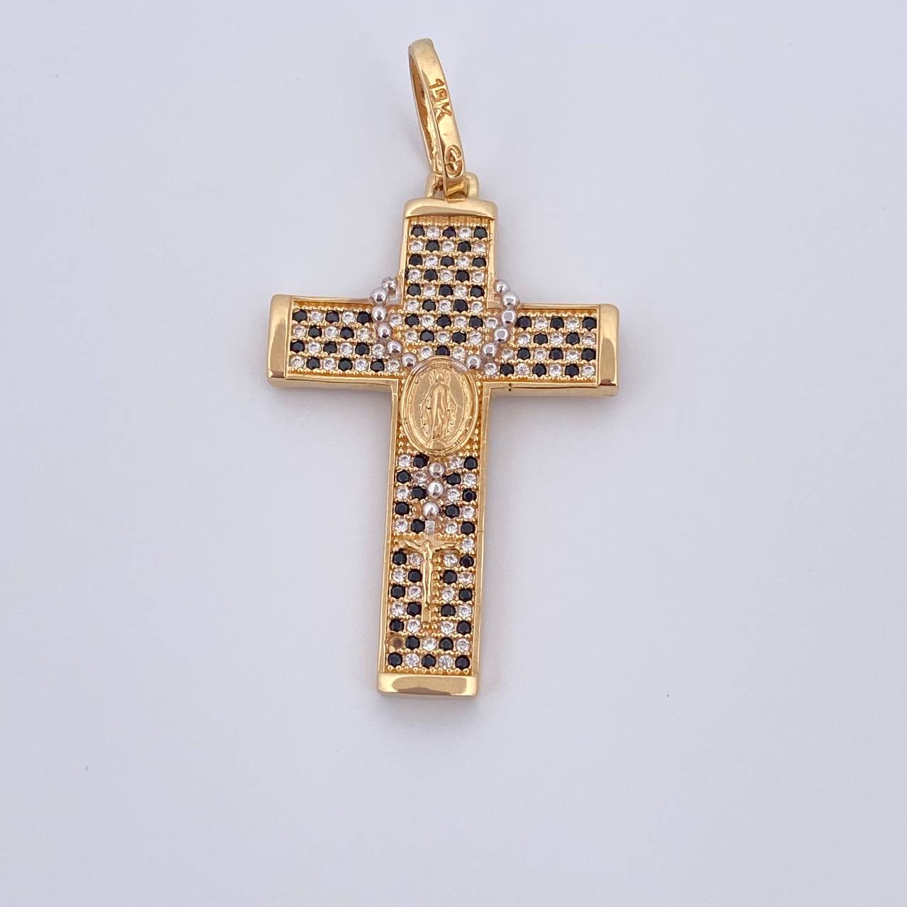 Pendant Virgin Miraculous Cross Rosary 6.1gr / 4.8cm / Black and White Zircons Two 18K Yellow and White Gold &