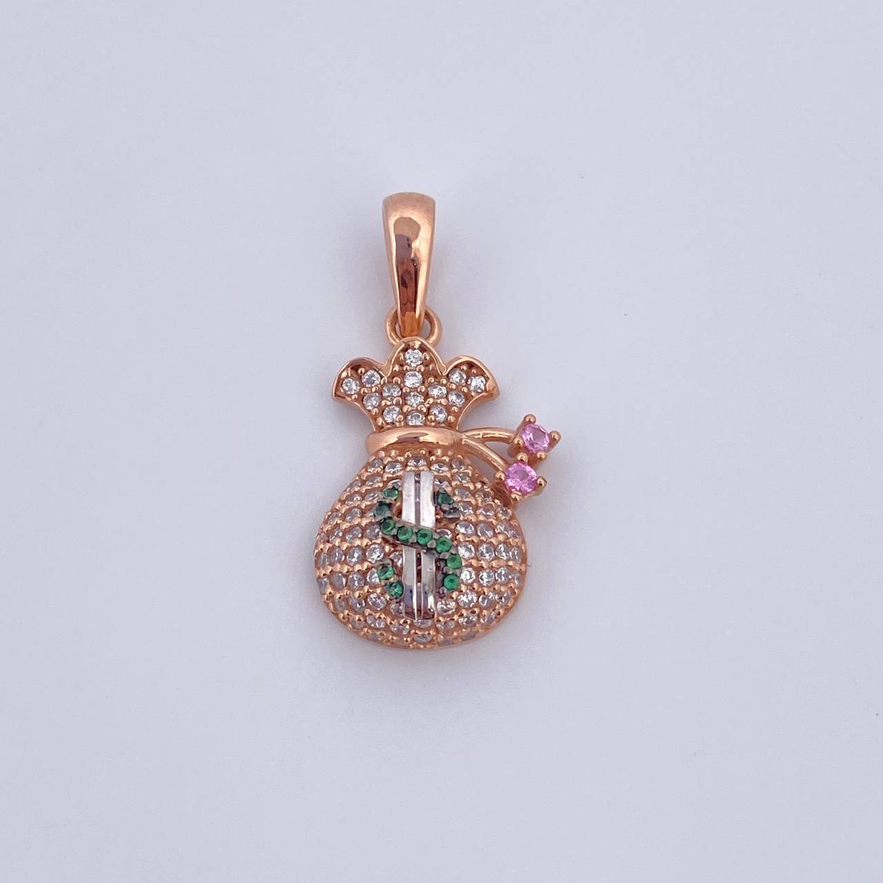 Pendant Money Bag Coquett 2.65gr / 2.5cm / Green Pink White Zircons Three 18K Golds &