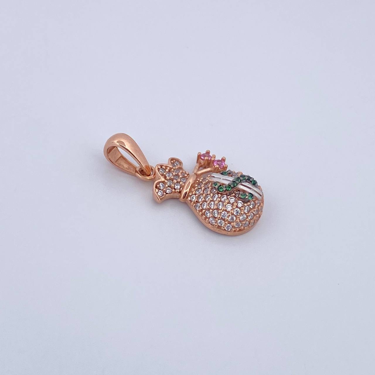 Pendant Money Bag Coquett 2.65gr / 2.5cm / Green Pink White Zircons Three 18K Golds &