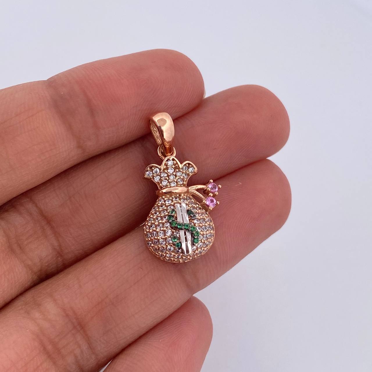 Pendant Money Bag Coquett 2.65gr / 2.5cm / Green Pink White Zircons Three 18K Golds &