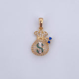 Pendant Money Bag Coquett 2.55gr / 2.5cm / Green Blue White Zircons Three 18K Golds &