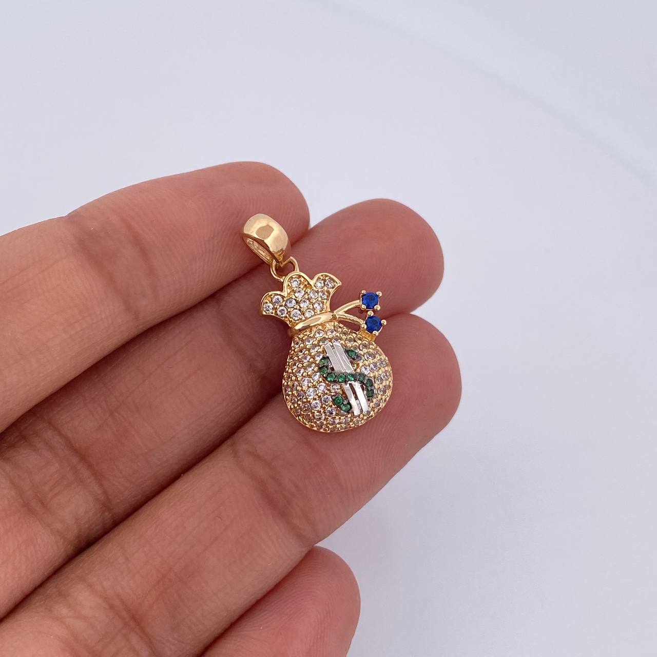 Pendant Money Bag Coquett 2.55gr / 2.5cm / Green Blue White Zircons Three 18K Golds &