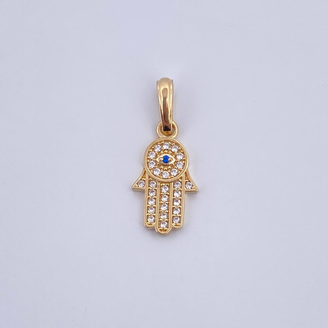 Dije Mano Hamsa 1.2gr / 2.1cm / Circones Azul Blancos Oro Amarillo 18K &