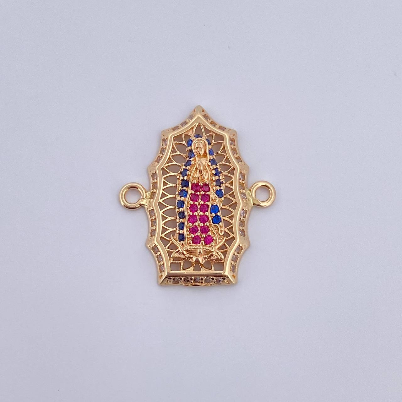 Charm Virgen Guadalupe 2.9gr / 2.3cm / Fuchsia Blue White Zircons 18K Yellow Gold &