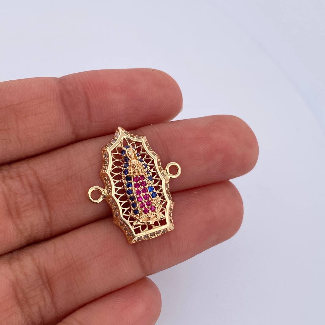 Charm Virgen Guadalupe 2.9gr / 2.3cm / Fuchsia Blue White Zircons 18K Yellow Gold &