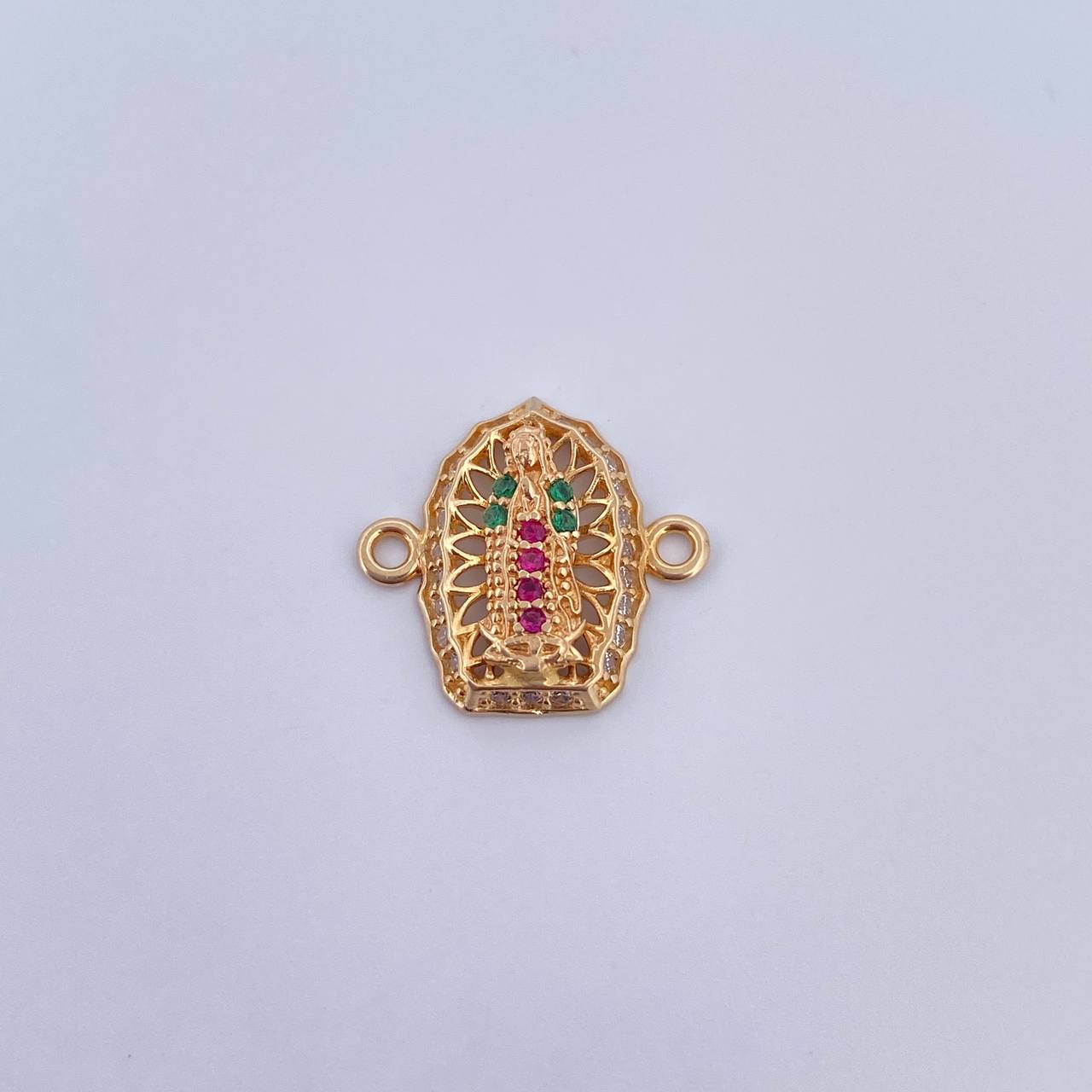 Charm Virgen Guadalupe 1.15gr / 1.4cm / Fuchsia Green White Zircons 18K Yellow Gold &