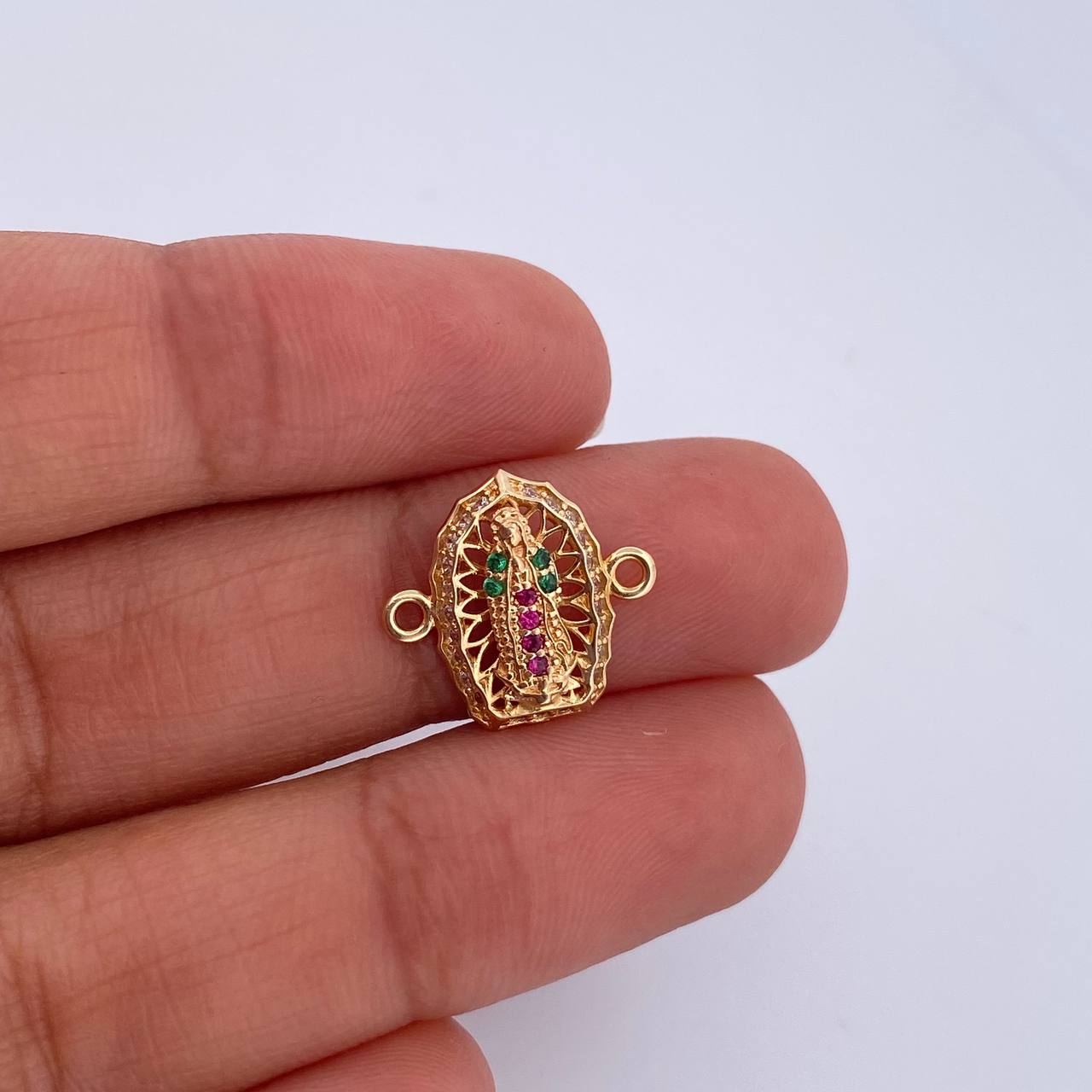 Charm Virgen Guadalupe 1.15gr / 1.4cm / Fuchsia Green White Zircons 18K Yellow Gold &