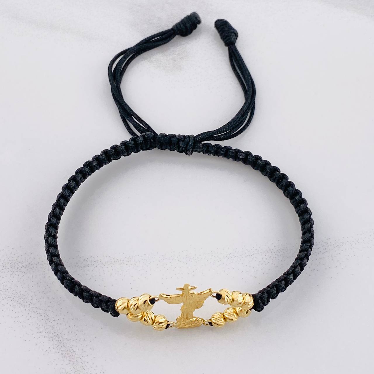 Black Woven Bracelet Saint Michael Archangel Diamond Cut Beads Yellow Gold 18K
