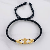 Black Woven Bracelet Saint Michael Archangel Diamond Cut Beads Yellow Gold 18K