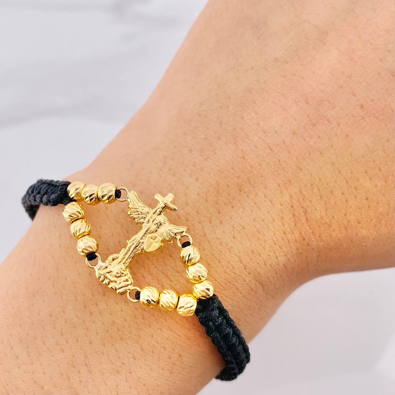 Black Woven Bracelet Saint Michael Archangel Diamond Cut Beads Yellow Gold 18K