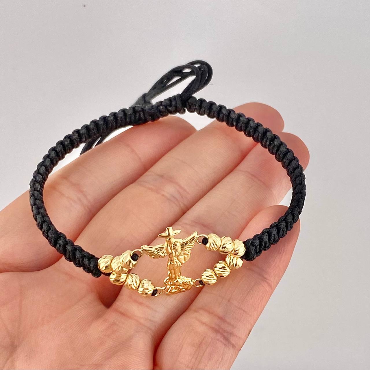 Black Woven Bracelet Saint Michael Archangel Diamond Cut Beads Yellow Gold 18K