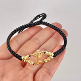 Black Woven Bracelet Saint Michael Archangel Diamond Cut Beads Yellow Gold 18K