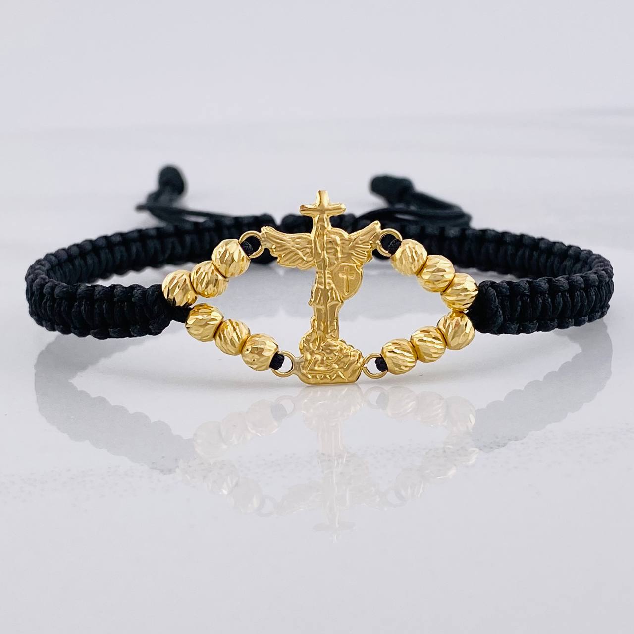 Black Woven Bracelet Saint Michael Archangel Diamond Cut Beads Yellow Gold 18K