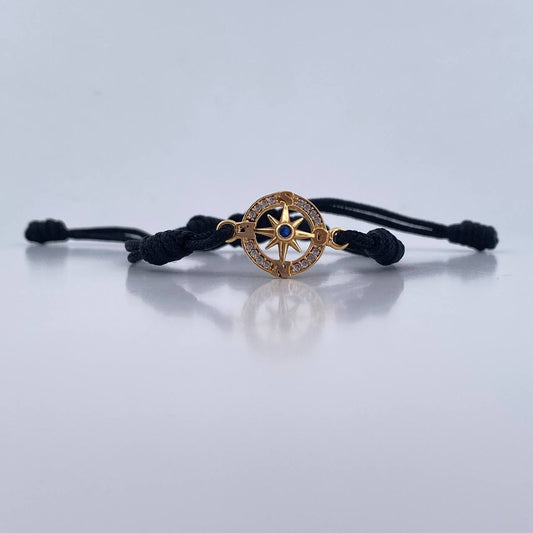 Black Bracelet Charm Cardinal Star 1.7gr / White Blue Zircons 18K Yellow Gold &